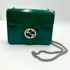 Auth Gucci Small Emerald Green Polished Leather Interlocking G Shoulder Bag Ex+